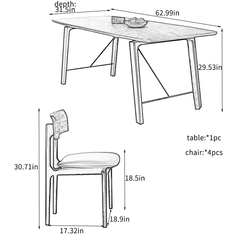 Durable Solid Wood Slate Dining Table Sets., 29.53"H x 62.99"L x 31.5"W