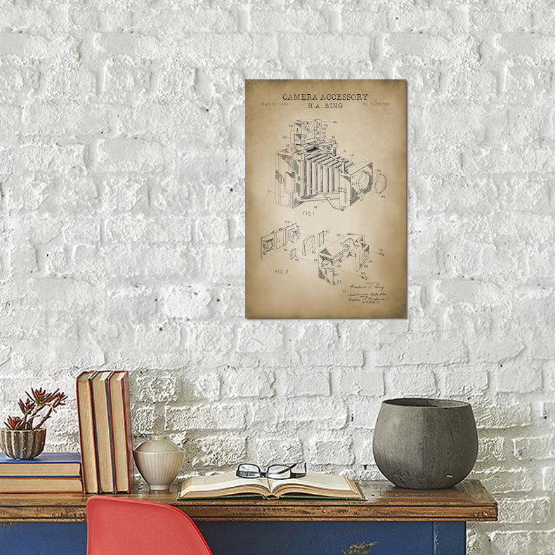 « camera accessoires, beige », impression sur toile, H 18 po x l 12 po x P 1,5 po, Pas de tapis, Toile tendue