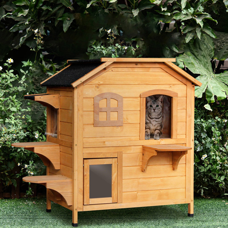 Enclos d'extérieur pour chat 2 étages - Maison en bois avec trappe d'évacuation pour chats de moins de 10 livres, toit ouvrable, plateformes de saut, porte blanche, plateformes