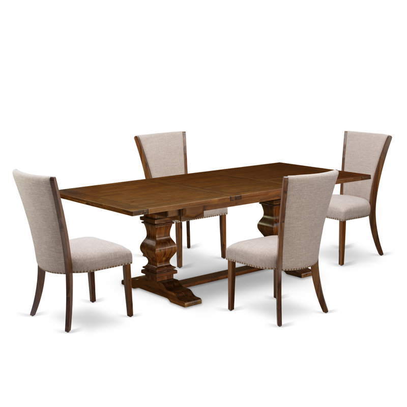 Cet ensemble de salle à manger 5 pièces comprend une table de salle à manger rectangulaire avec rallonge amovible et 4 chaises rembourrées en lin brun clair, noyer antique