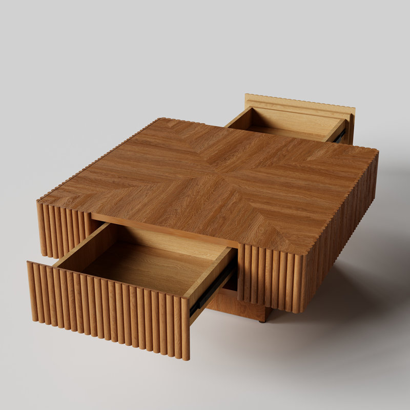 Table basse 31 po carrée moderne en bois massif brun avec tiroirs de rangement cachés à 2 voies, détails cannelés, parquet, table basse à grain de bois