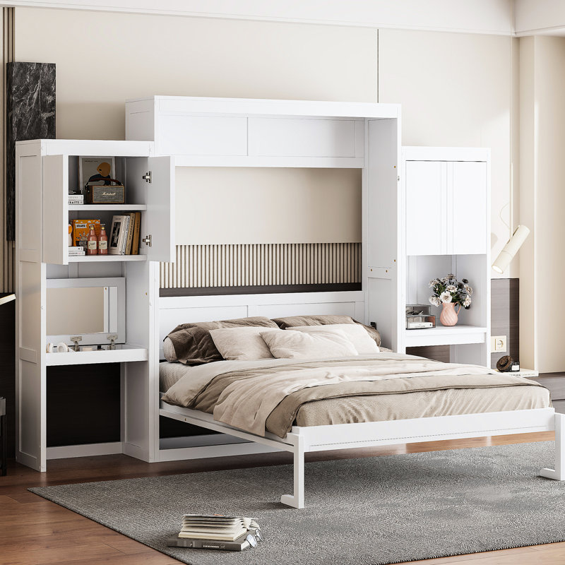 Grand lit en blanc avec bureau, meuble-lavabo et armoire, fonctionnel pour les espaces de chambre à coucher à usages multiples