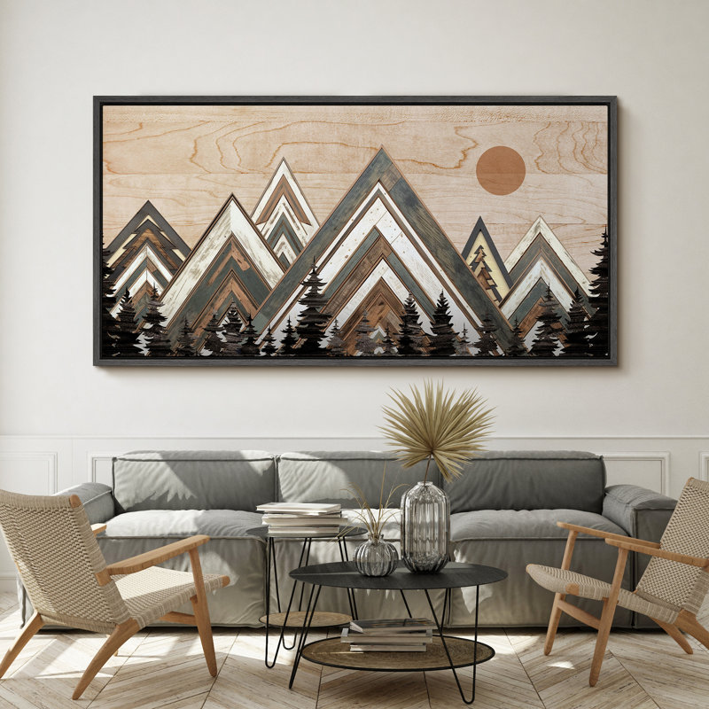 «Western Wood Effect Landscape Abstract Geometric Mountain Range», reproduction sur toile encadrée, H 30 po x l 60 po, Noir