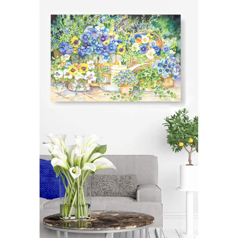 Jonquilles, paniers, fleurs, aquarelle, bleu, vert, jaune, H 24 po x l 48 po x P 1,5 po