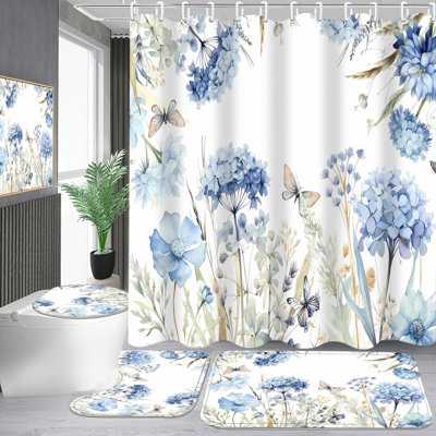 Blue Hydrangea Shower Curtain Sets 4PCS Non-Slip Bathroom Accessory