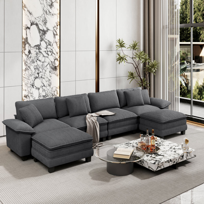 Sofa & Chaise, 6, Light Grey Corduroy