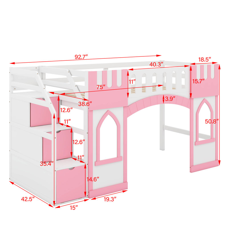 Twin Size Loft Bed With Storage Staircase And Window, Pink/White