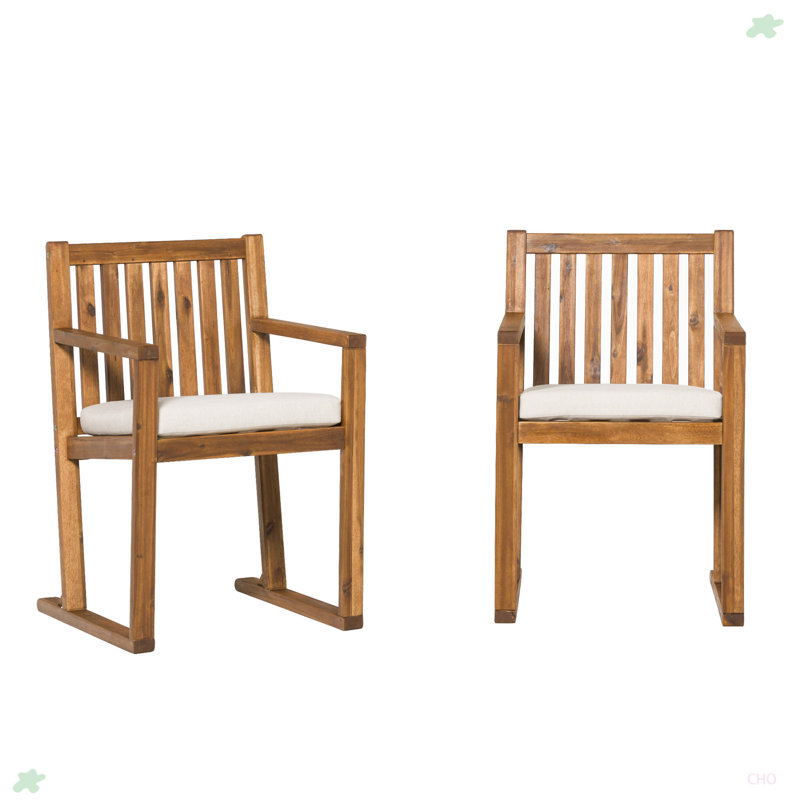 Brown Acacia Wood Slat-Back Outdoor Dining Chairs with Cushions, Set of 2