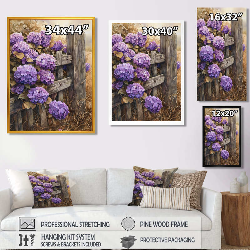«Eady Hydrangeas By The Old Fence - Hydrangea Large, art mural», Noir, Reproduction avec cadre flottant, H 20 po x l 12 po