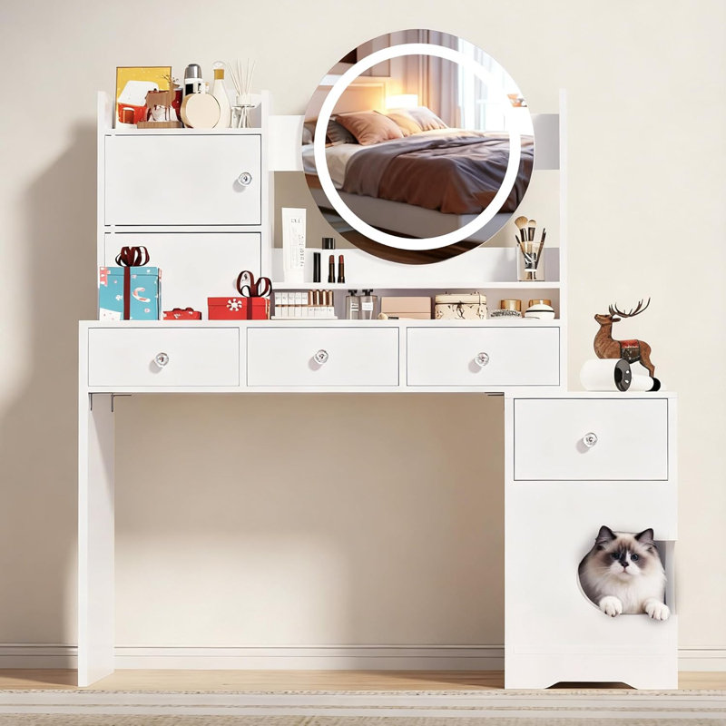 Meuble-lavabo avec lit pour chat, miroir lumineux 3 couleurs et 4 tiroirs coulissants