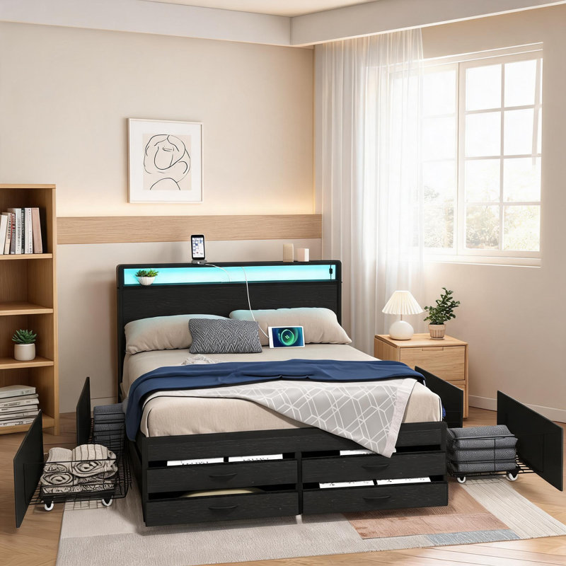 Structure de lit double en MDF et métal noir avec tête de lit à DEL et rangement intégré pour chambre à coucher