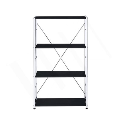 Modern 4-Tier Bookshelf With Chrome Metal Frame And X-Shape Cross Bar For Stylish Storage.