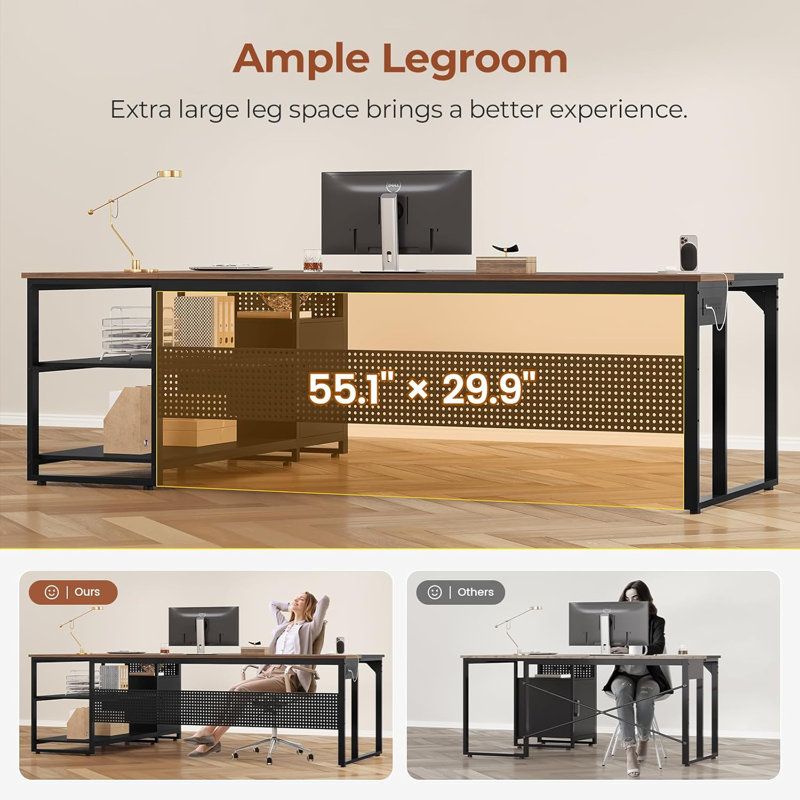 Bureau de direction en L 71 po avec classeur mobile et prises de courant, Noyer