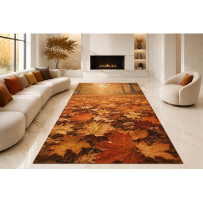 "Ultra Light Weight" Large 6'7" x 9'10" Autumn Maple Leaves Area Rug for Living Room, Bedroom and Home Office, Soft Low Pile Carpet with Non-Slip Silicone Backing, Orange and Brown