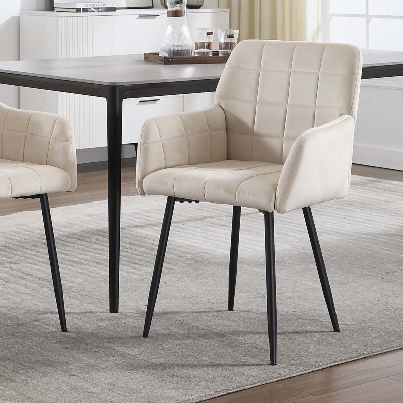 Kilduff Velvet Upholstered Dining Chair with Armrests, Crème, crème, 1