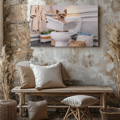 Cute Yorkshire Terrier Dog Reading Newspaper On Toilet Funny Canvas Wall Art Print For Living Room, Bedroom, Office, Hallway, Entryway, Gallery Wall And Modern Home Decor