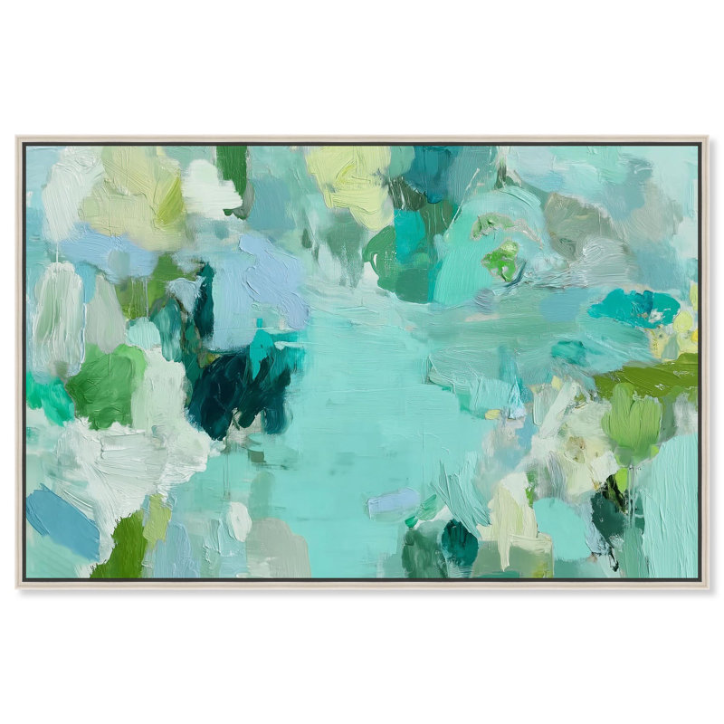 «Alista Green Blues», art abstrait vert par , H 11 po x l 16 po, Argent argent, Floater Frame