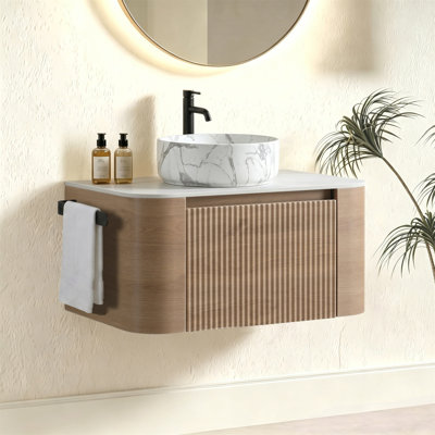 Meuble-lavabo Erba de 30 po avec lavabo, armoire murale en chêne miel avec porte-serviettes gratuit, conception de lavabo simple en céramique de Carrare blanc, sans drain et robinet, pré-assemblé