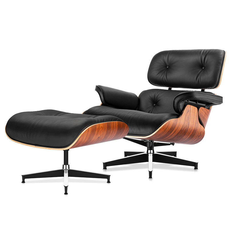 Black and Pallsander Leather Swivel Chaise Lounge Chair with Ottoman