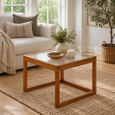Small Square Coffee Table, Real Bamboo & Fluted Glass Coffee Table for Living Room - Open-Base Modern Living Room Table, Natural Apartment Decor for Small Spaces
