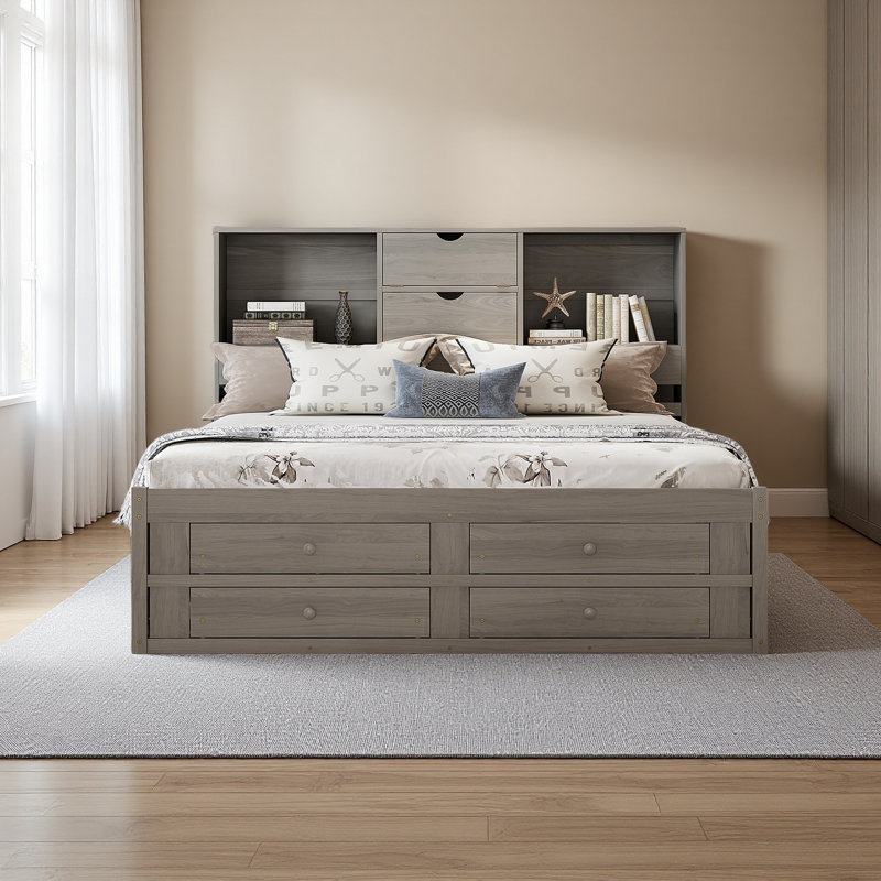 Lit plateforme avec tête de lit avec rangement et 8 tiroirs, Gris, Très grand lit