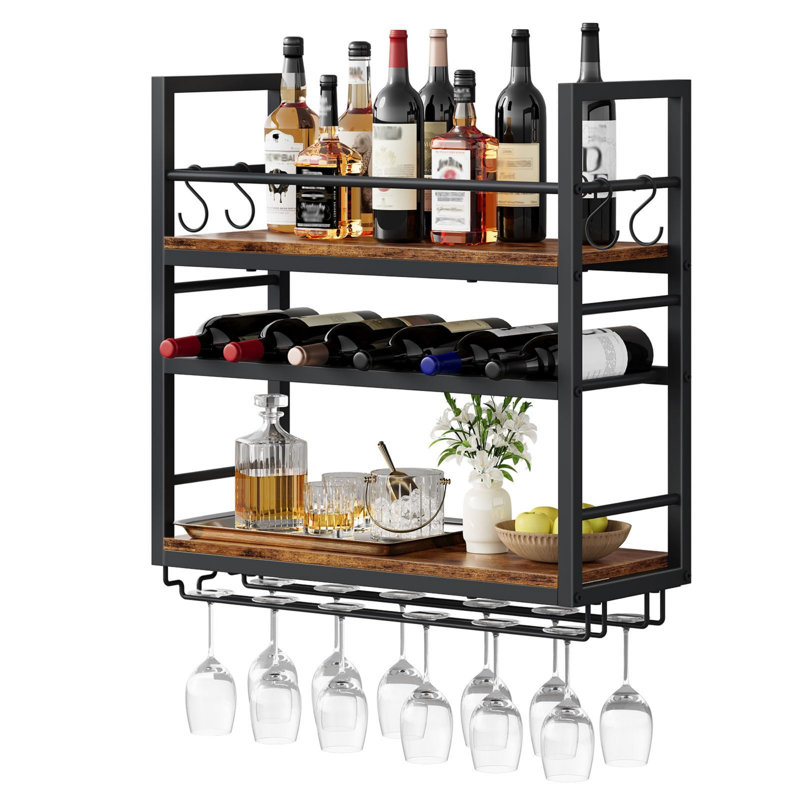 6 Bottle Wall Mounted Wine Bottle & Glass Rack Rustic Brown