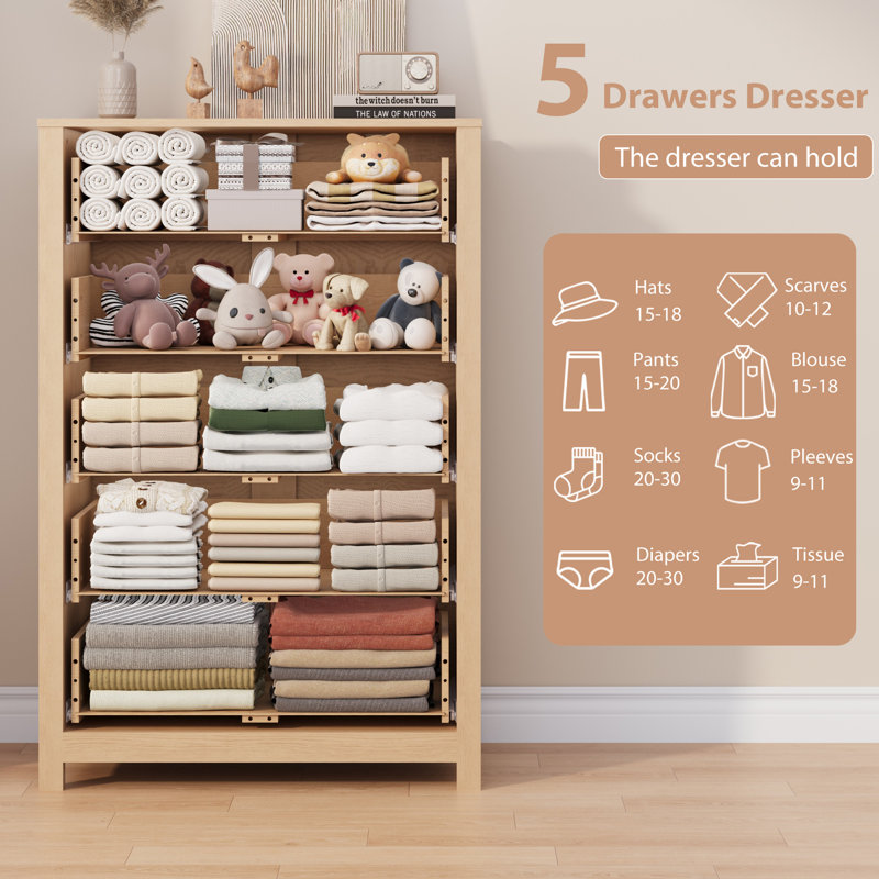 Commode 5 tiroirs Modern, Naturel amande jaune