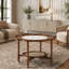 Table basse en forme de pétale de style Mid-Century avec verre craquelé blanc et rotin, rangement à 2 niveaux-231440532