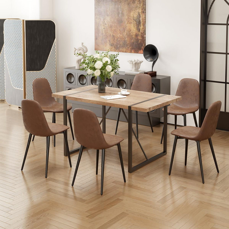 55" Modern Rectangular Dining Table Set, Brown, 7 Pieces: Table, 6 Chairs
