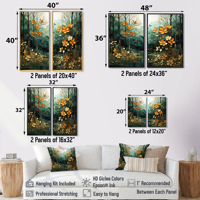 «Forest Enchanted Canopy Patchwork II», art mural corail, 20" H x 24" W, Impression encadrée flottante, Blanc