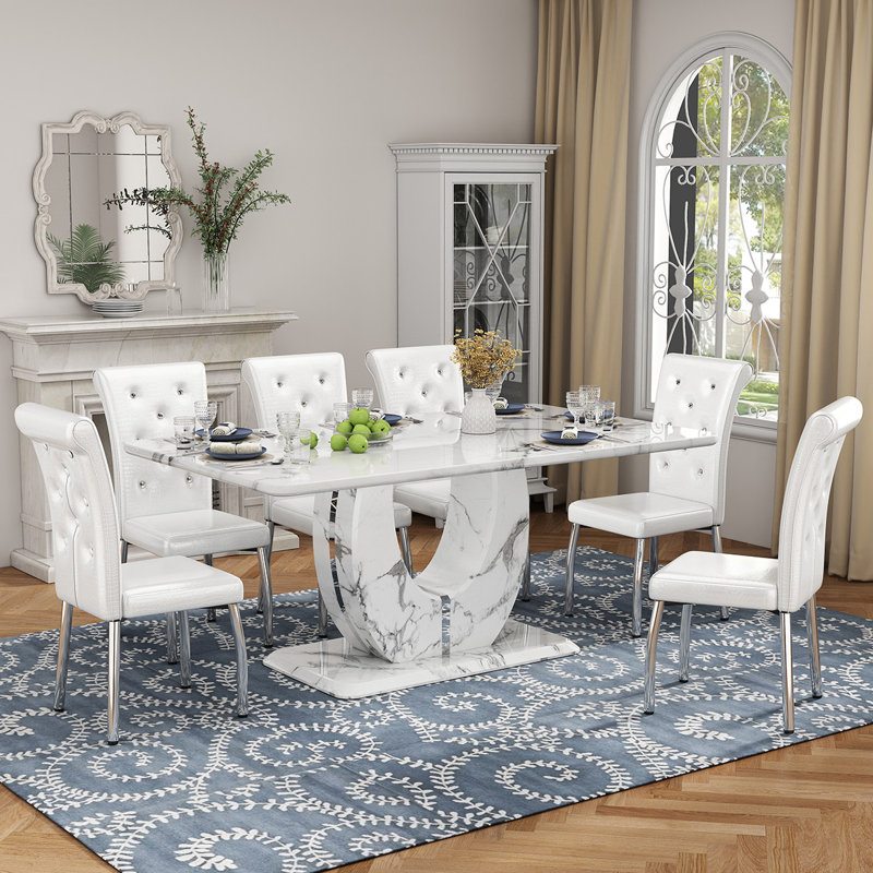 Modern 63" Faux Marble Dining Table Set with Spring-Supported PU Leather Chairs, White/Silver, 7