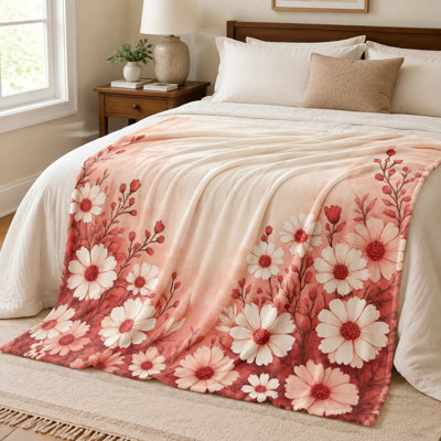 Jeté douillet en flanelle Cozy - aquarelle, motif floral marguerite, blanc et rose, doux, léger, respirant, toutes saisons, doux pour la peau, lavable à la machine, décoratif, pour lit, canapé, canapé et salon