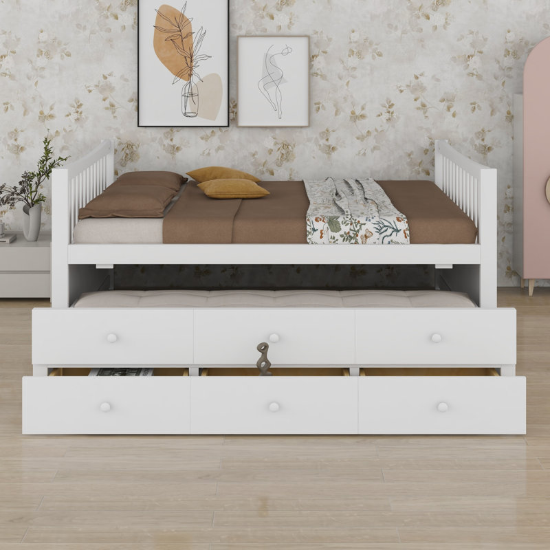 Daybed with Hidden Trundle and Drawers, Combines Comfort and Storage, White