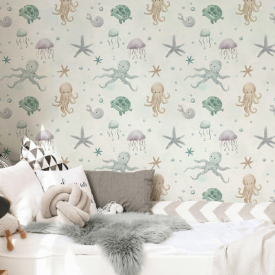 Papier peint adhésif pieuvre et méduse sous-marine | Mignon décor de chambre de bébé océan
