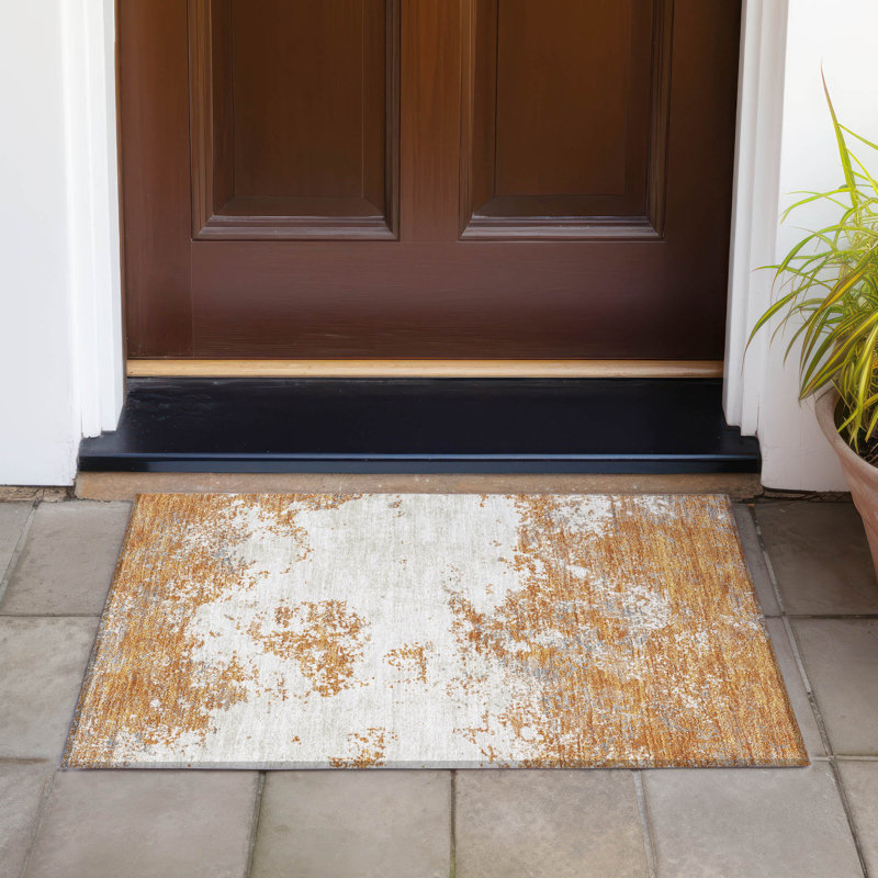 Copper and Beige Rectangular Washable Synthetic Rug
