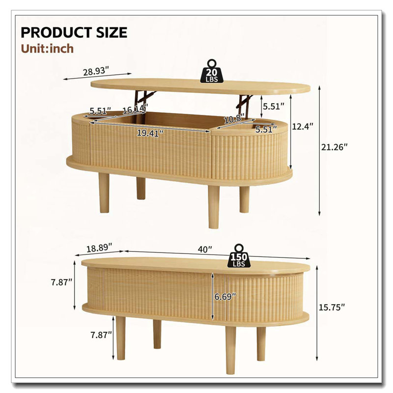 Table basse moderne à plateau relevable ovale avec compartiment caché, Bois naturel