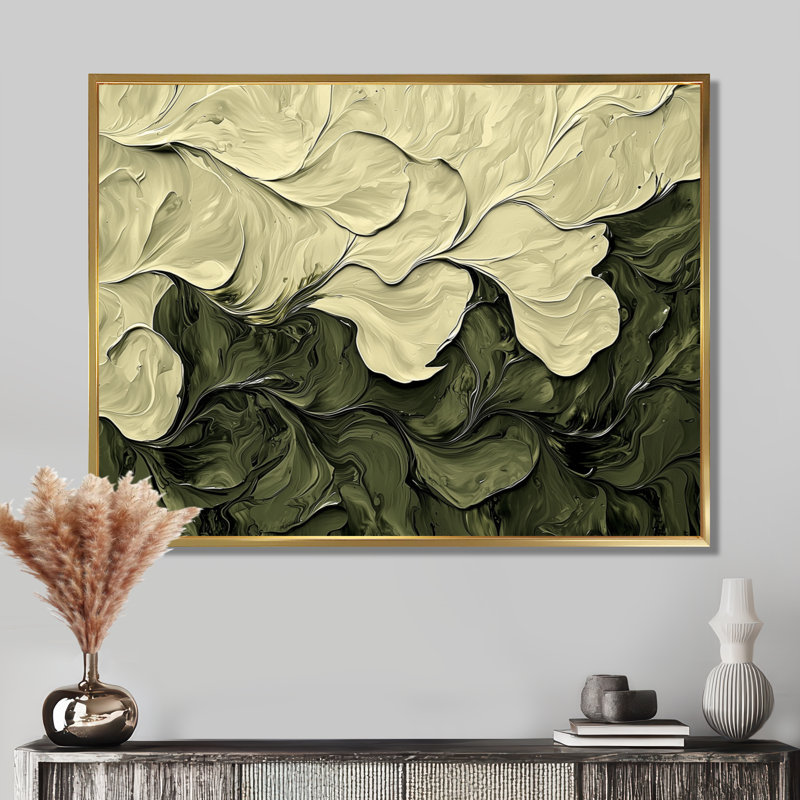 Jacovian abstrait crème vert pétale danse I - abstrait grand art mural, H 16 po x l 32 po, Picture Framed, Doré