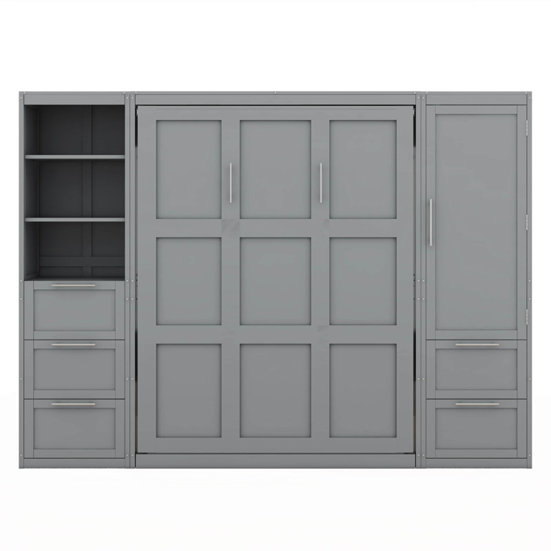 Grand lit escamotable mural avec tablettes, Gris