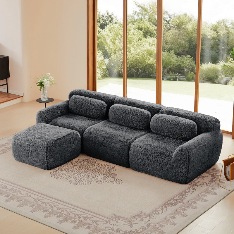 Tissu en forme de L, moelleux et moelleux, canapé sans os, avec coussins décoratifs, éponge haute densité 32D, aucun assemblage requis, connexion par boucle antidérapante, repose-pieds mobile pour le salon, gris foncé