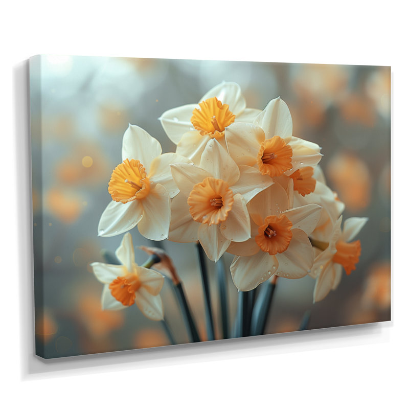 «White Orange Trumpet Of Hope Daffodils - Daffodils», art mural, Toile tendue, H 12 po x l 20 po