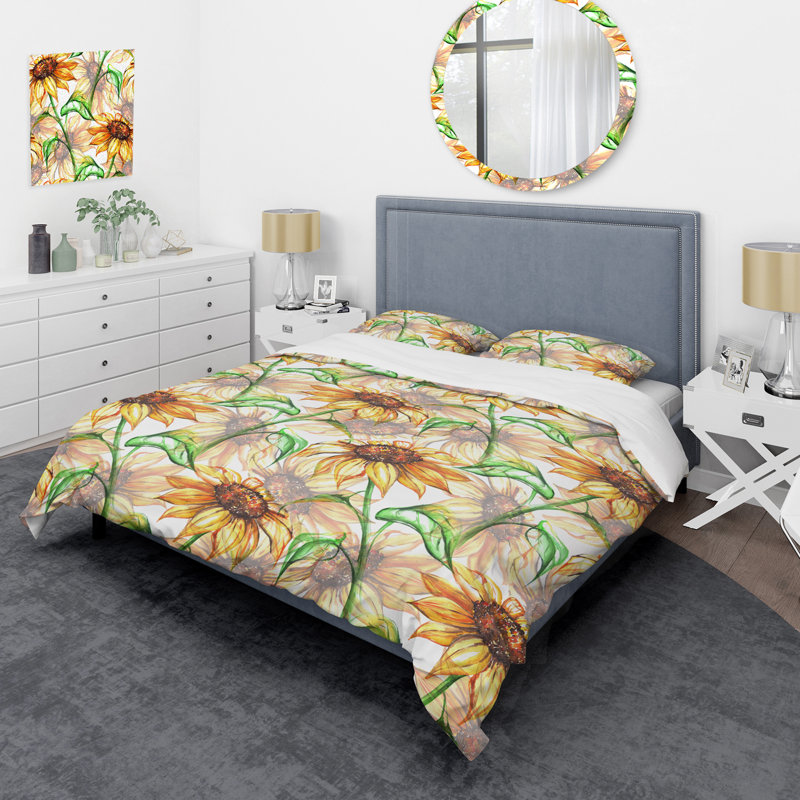 Yellow Sunflower Flower Polyester Floral Duvet Cover, King Duvet Cover + 2 King Shams
