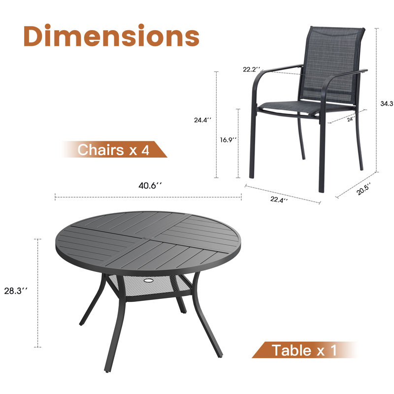 4-Person Patio Dining Set with Round Dining Table and 4 Stackable Textilene Armrest Chairs, Black/Gray