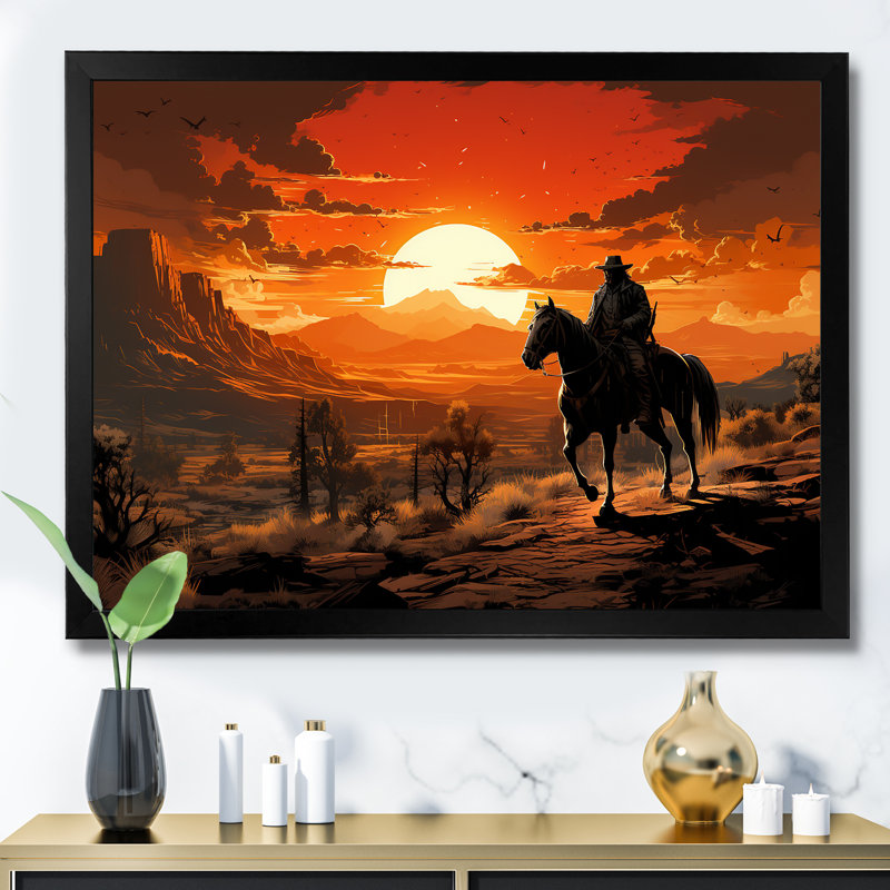 Coucher de soleil sauvage Westcowboy II - Cowboys, art mural, Cadre flottant doré, H 16 po x l 32 po x P 1 po
