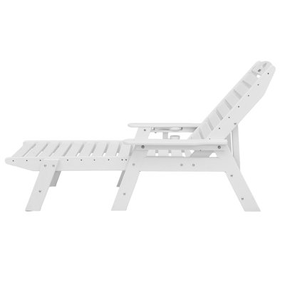Chaise longue de jardin, capacité de charge 181 kg, réglable en 6 positions, en PEHD avec dossier et porte-gobelet, idéale pour la piscine, la terrasse ou le jardin, blanche.