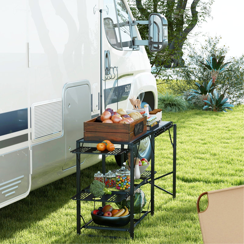 Table de cuisine de voyage pliable avec beaucoup de rangement, réglable et suspendue Support de lampe de station de cuisson extérieure portable, accessoires, rangement