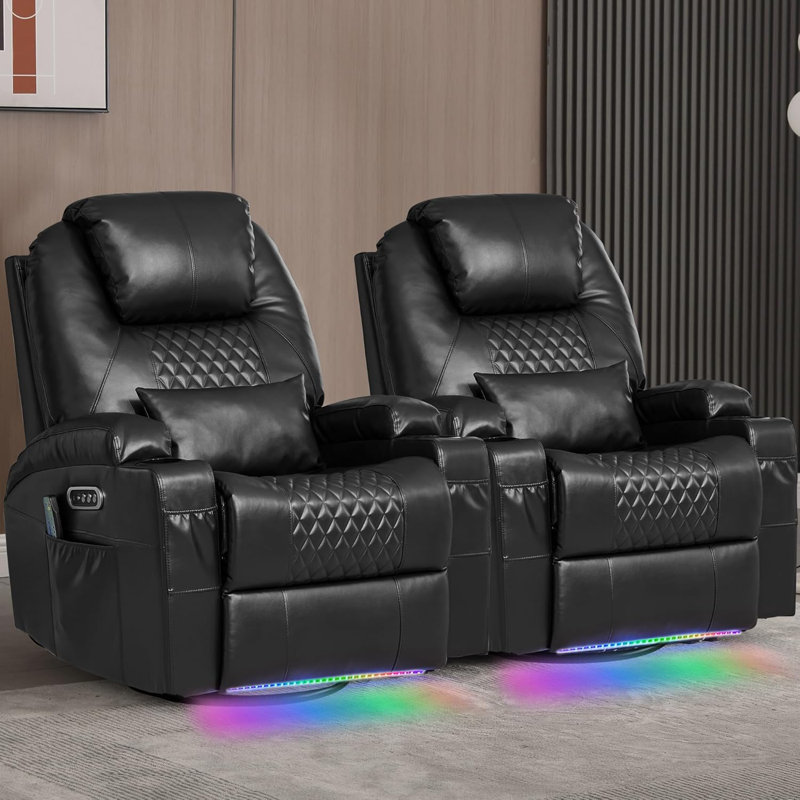 Set Of Two Power Swivel Rocker Chon For Adults - Rocking Recliner With Heat And Massage/Cup Holder/LED Lights/USB & Type-C Ports/Side Pocket For Living Room