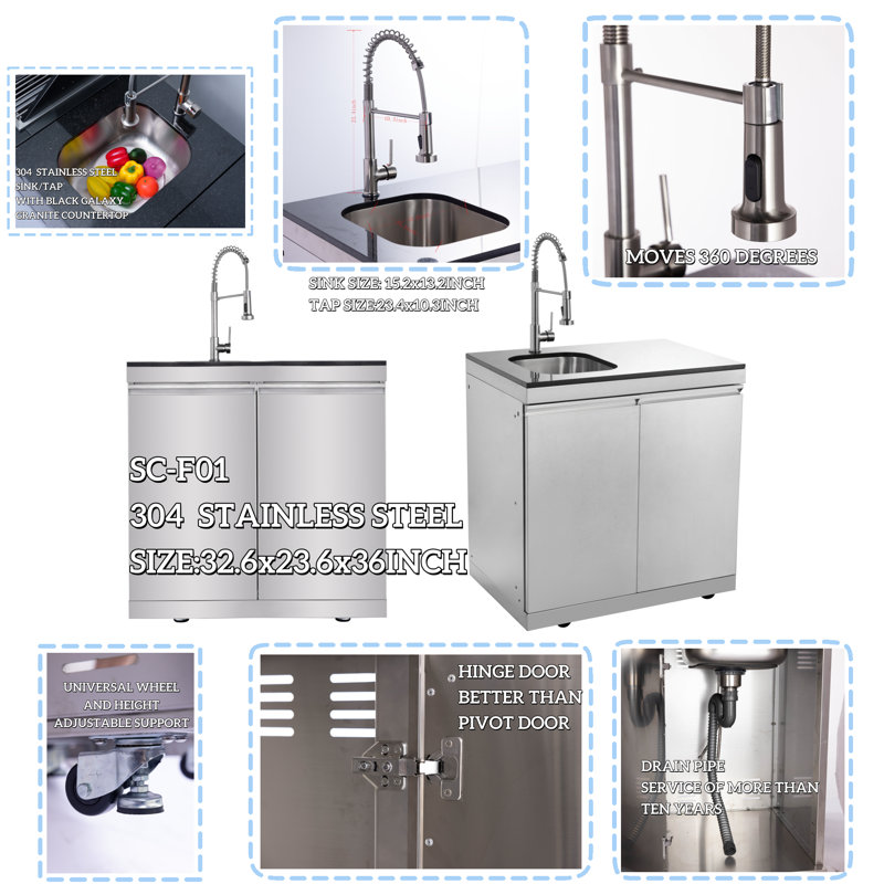 Cuisine extérieure modulaire 5 pièces avec barbecue, réfrigérateur, évier, armoire d'angle, tiroir de rangement, Argent