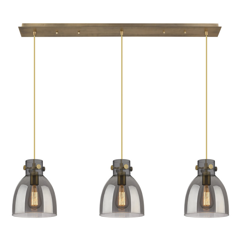 Luminaire suspendu en forme de cloche à 3 lumières Amrith, Laiton brossé, Gris fumée clair