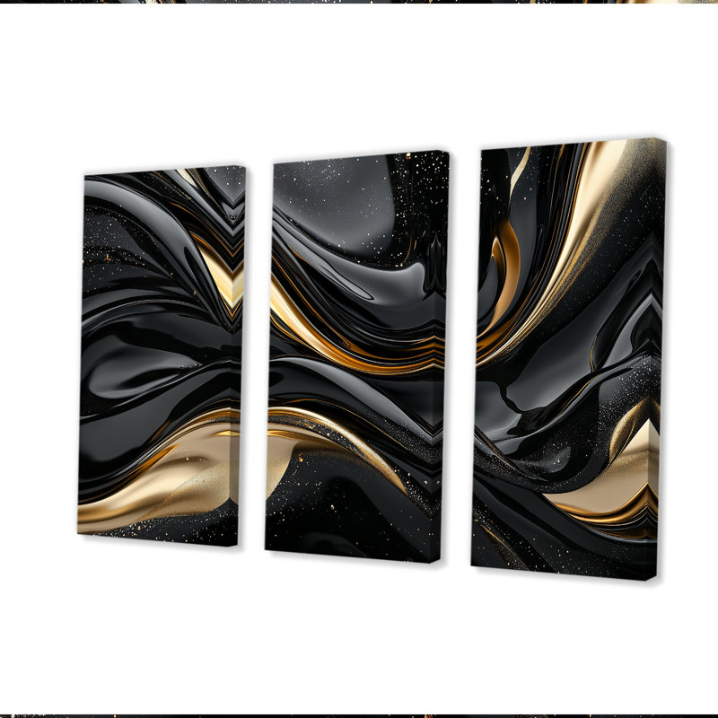 Ensemble de salon captivant or et noir I - Abstrait moderne à vagues murales, H 28 po x l 36 po x P 1 po, Toile tendue