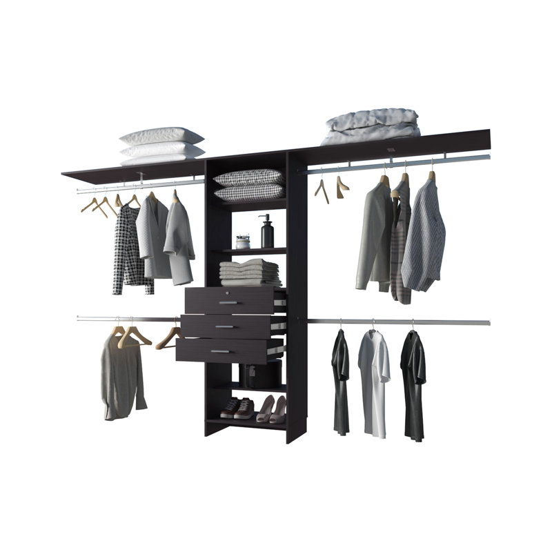 Système d'organisation modulaire pour garde-robe avec tringles de suspension, Wengé, H 73,6 po x l 118,1 po x P 15,7 po
